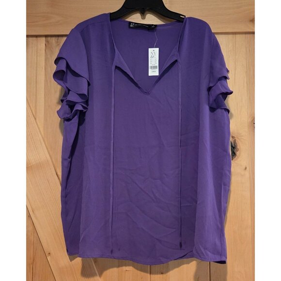 New! NY & Co Size L Purple Flutter Sleeve Tie Neck Keyhole Blouse Cute - Picture 1 of 11